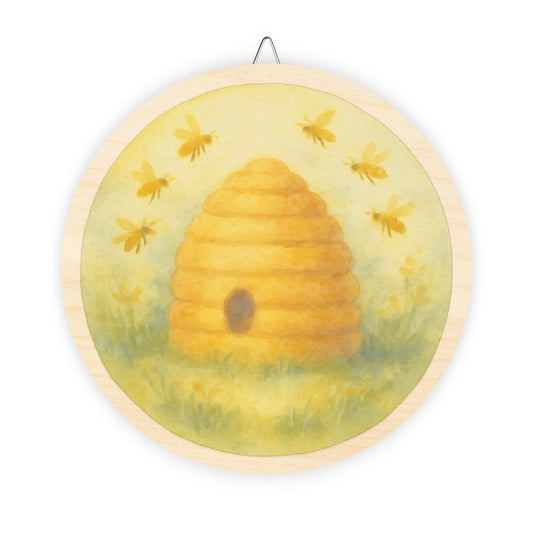 Golden Beehive Round Wood Sign