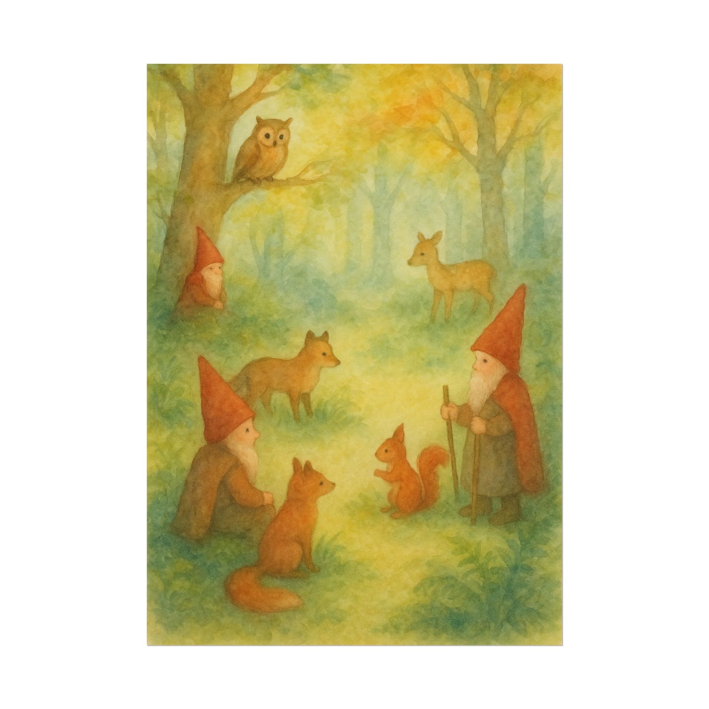 Woodland Gnomes and Friends Watercolor Poster