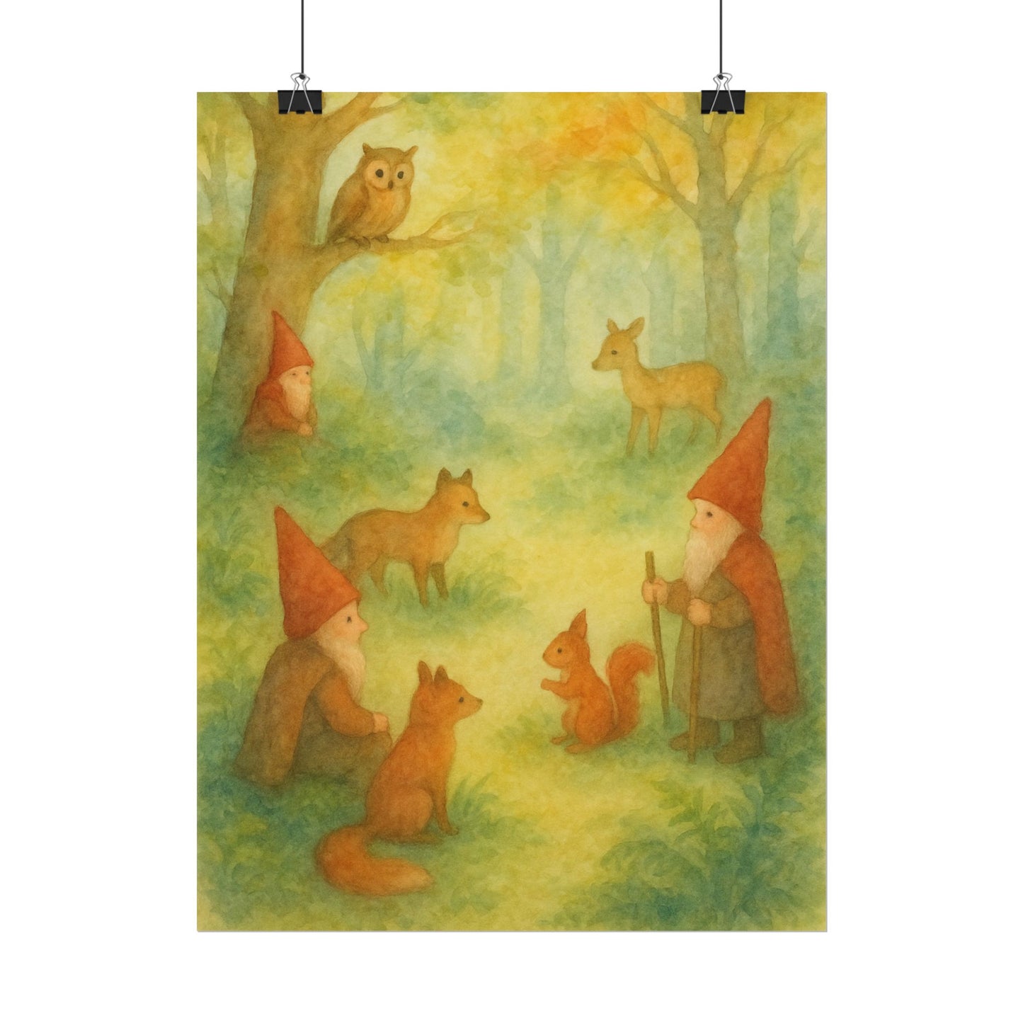 Woodland Gnomes and Friends Watercolor Poster