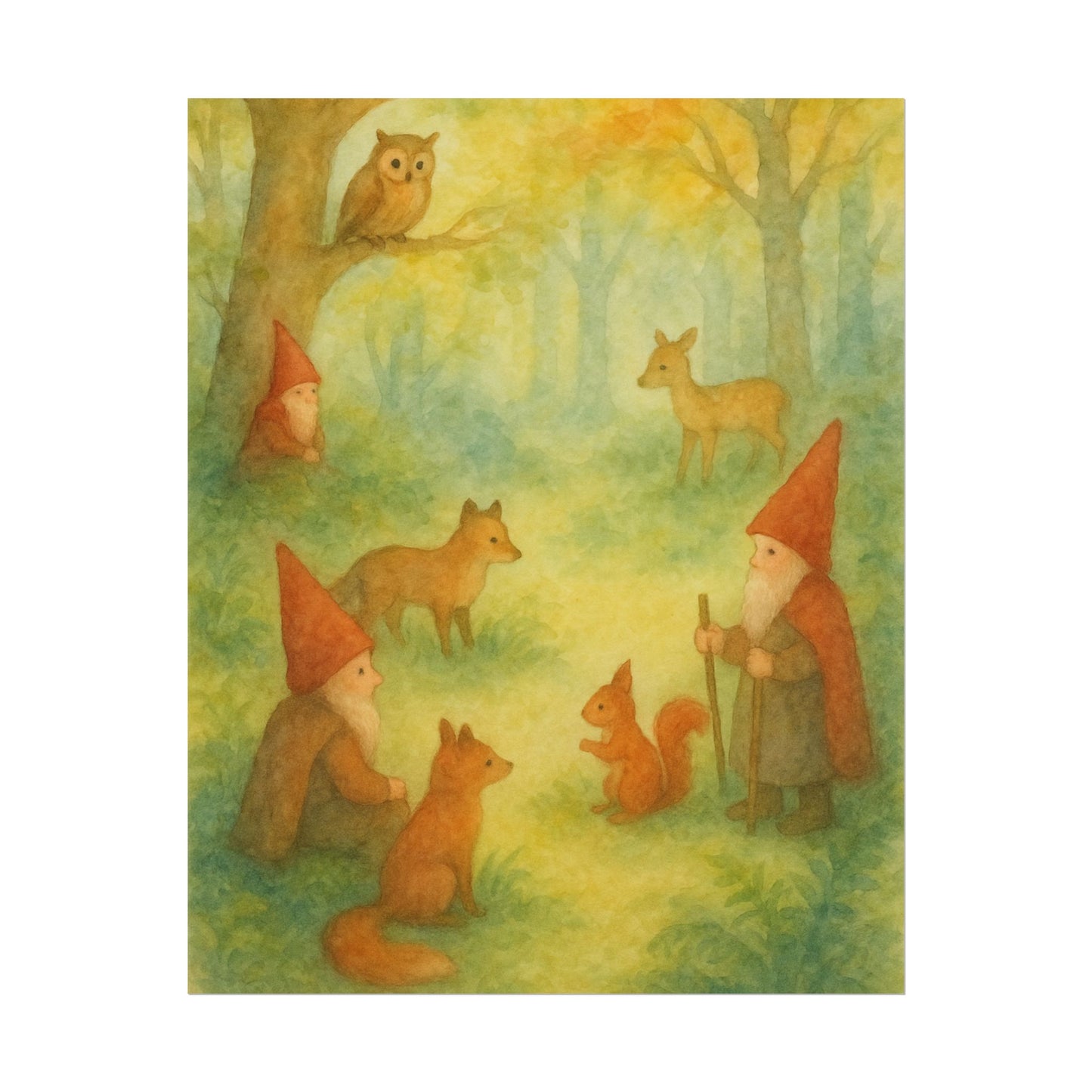 Woodland Gnomes and Friends Watercolor Poster