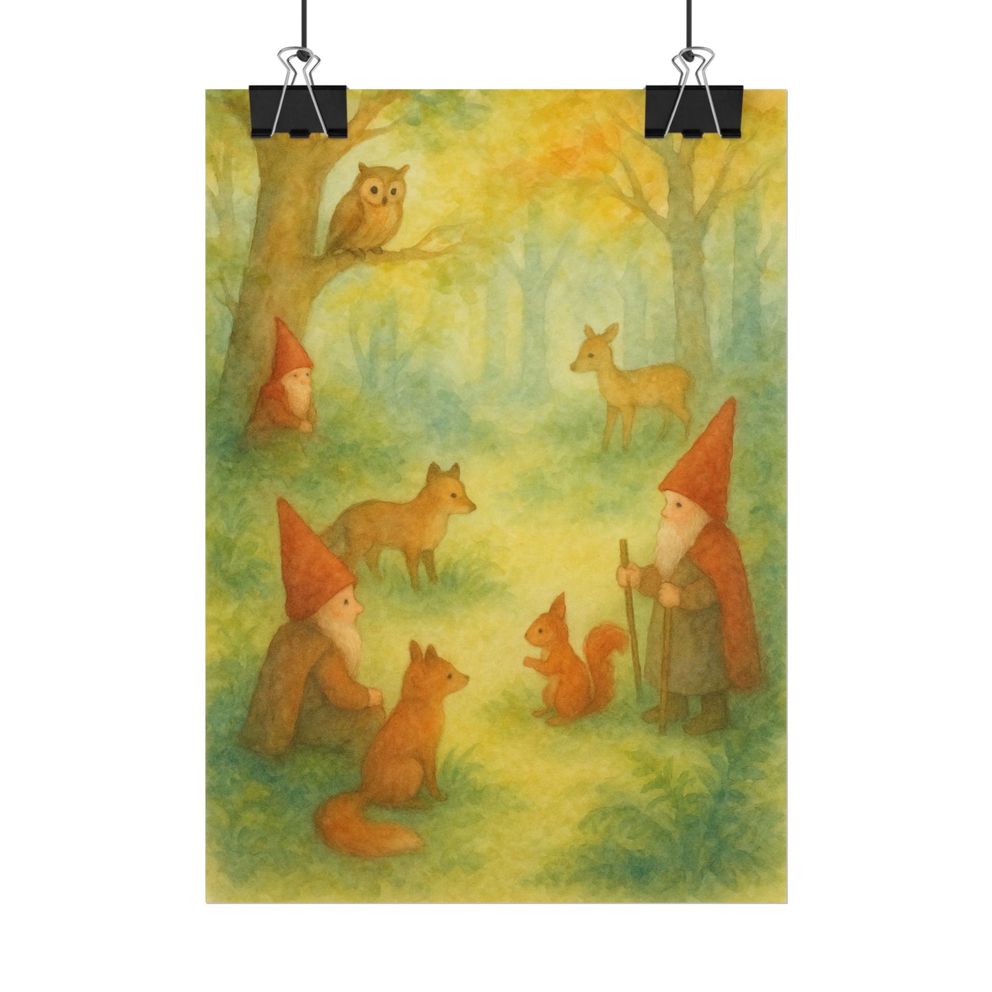 Woodland Gnomes and Friends Watercolor Poster